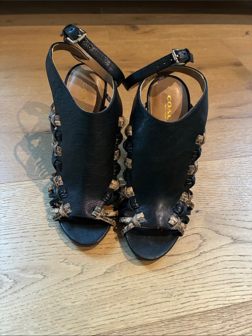 Coach Black Leather Open-Toe Ankle Sandals with Tan Accent Knots